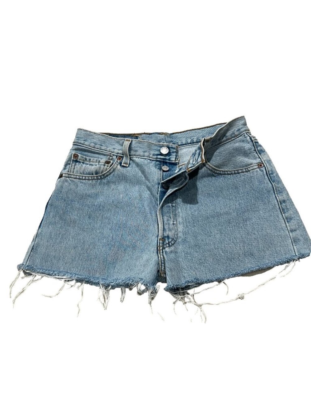 Levis Jean Shorts Distressed Denim Cut Off Hi Rise DIY Size 25 junior button fly